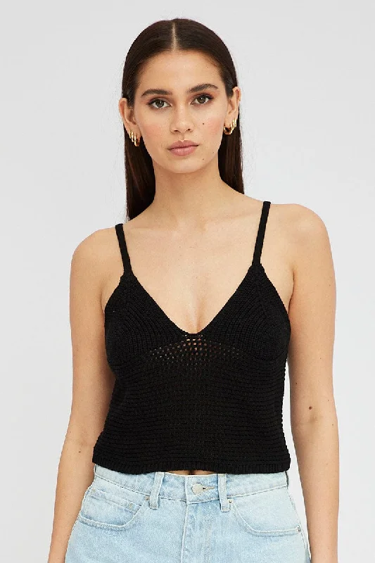 Black Crochet Singlet Top V Neck