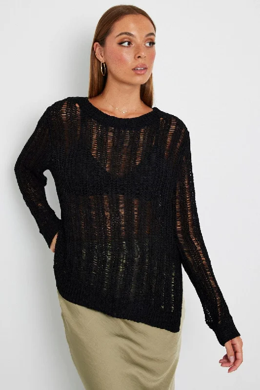 Black Fishnet Knit Top Long Sleeve Crew Neck