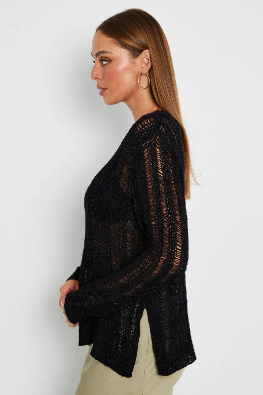 Black Fishnet Knit Top Long Sleeve Crew Neck