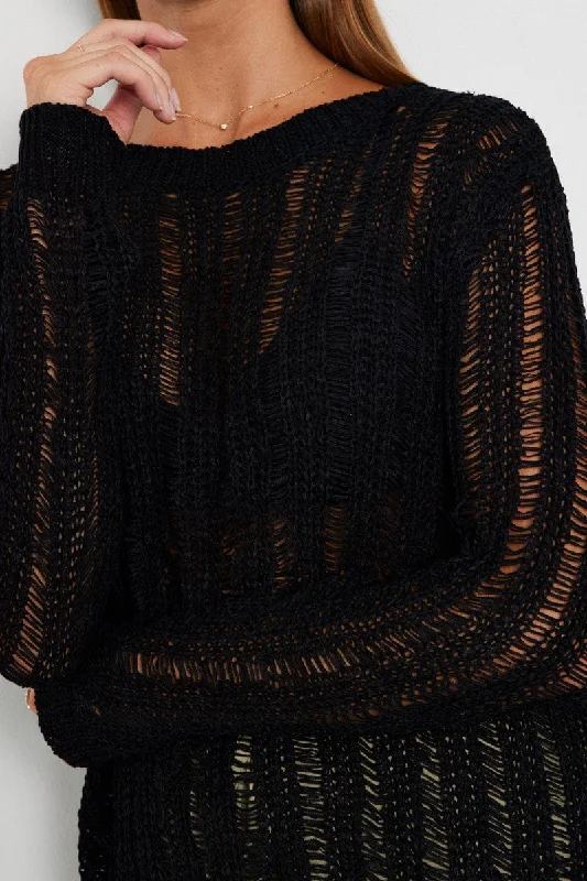 Black Fishnet Knit Top Long Sleeve Crew Neck