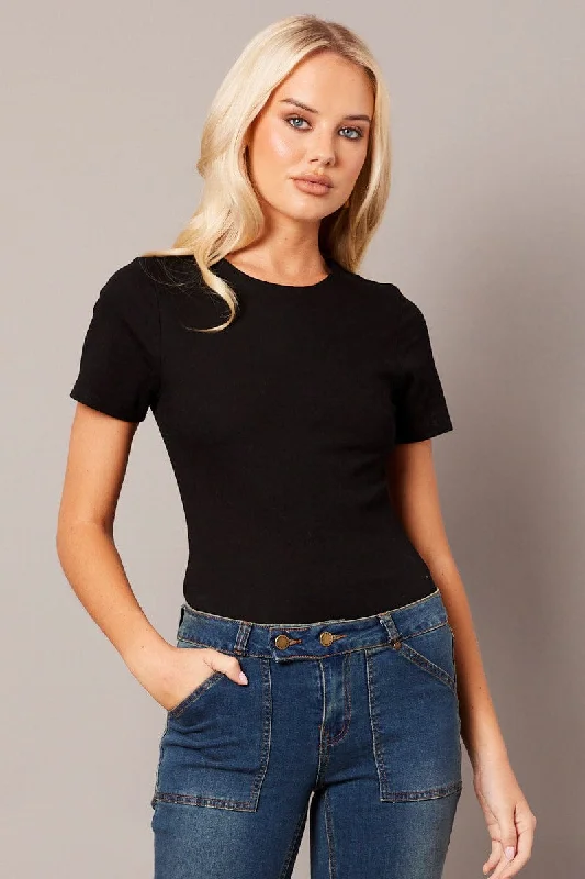 Black T Shirt Short Sleeve Round Neck Longline Lined