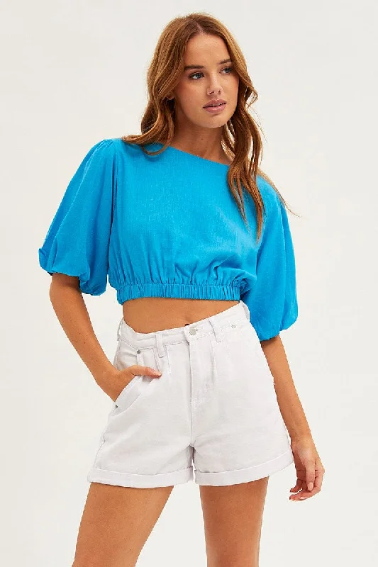 Blue Crop Top Half Sleeve Boat Neck Linen Blend