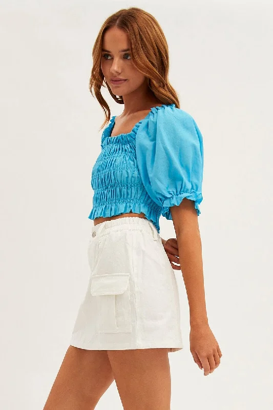 Blue Crop Top Short Sleeve Square Neck Linen Blend