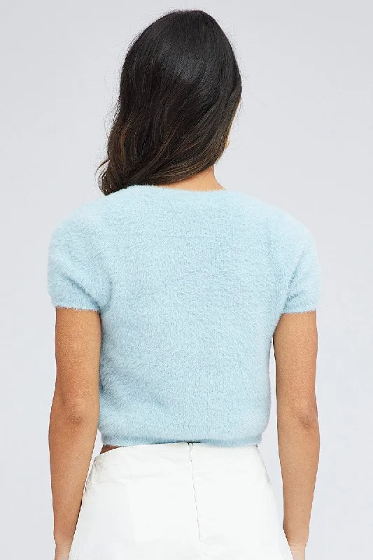 Blue Fluffy Knit Top Short Sleeve Crew Neck