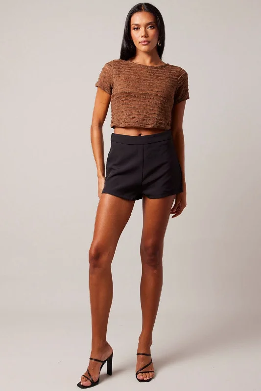 Brown Crop Top Short Sleeve Textured