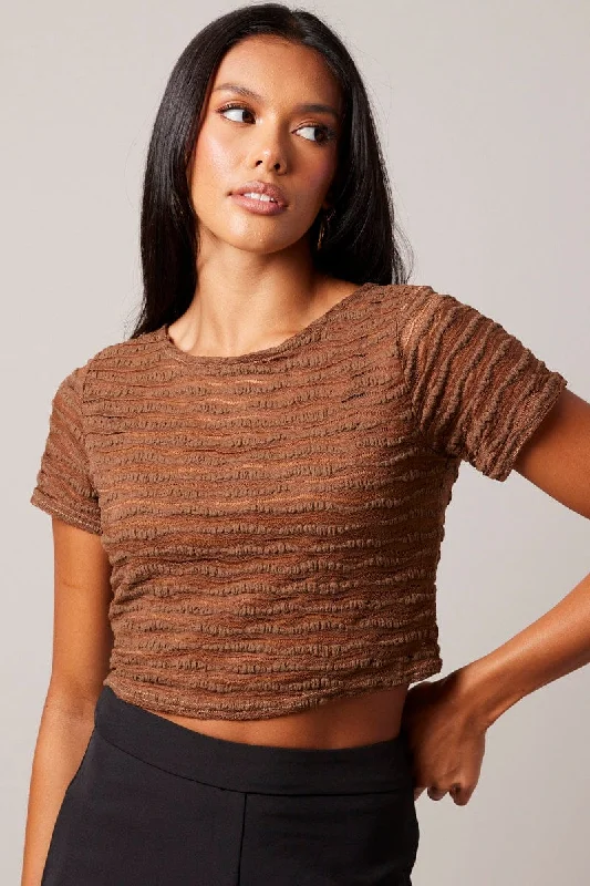 Brown Crop Top Short Sleeve Textured