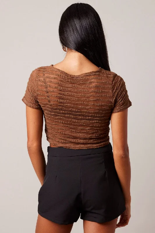 Brown Crop Top Short Sleeve Textured