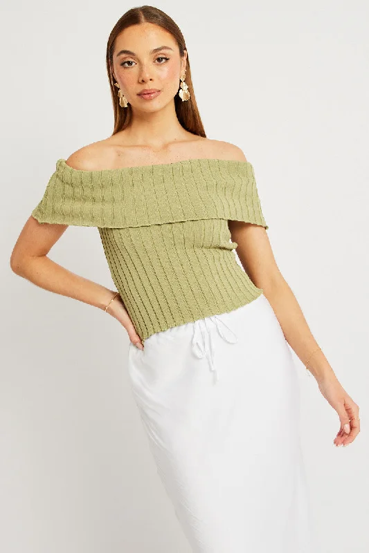 Green Off shoulder Knit Top