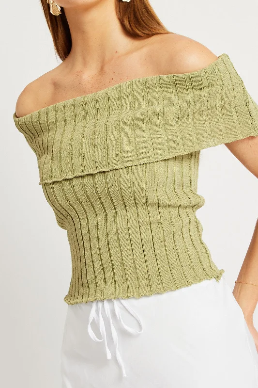 Green Off shoulder Knit Top