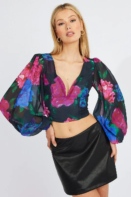 Multi Floral Plunge Crop Top Balloon Sleeve Tie back