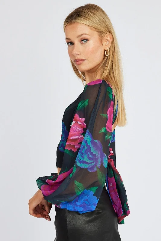 Multi Floral Plunge Crop Top Balloon Sleeve Tie back