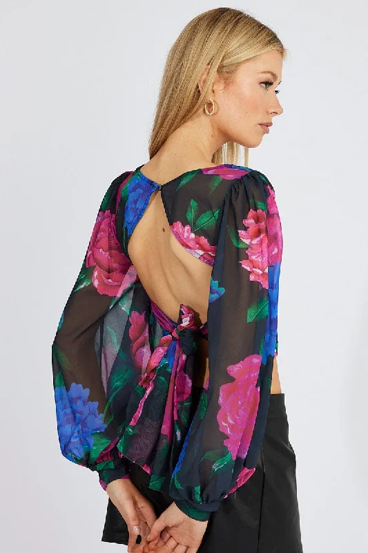 Multi Floral Plunge Crop Top Balloon Sleeve Tie back