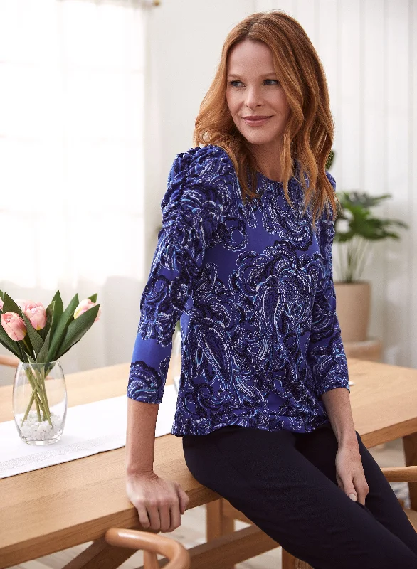 Paisley Print Ruched Sleeve Top