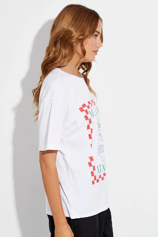 White Tee Round Neck Short Sleeve Milano Print