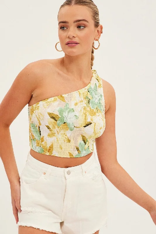 Yellow Floral Crop Top Sleeveless One Shoulder Shirred