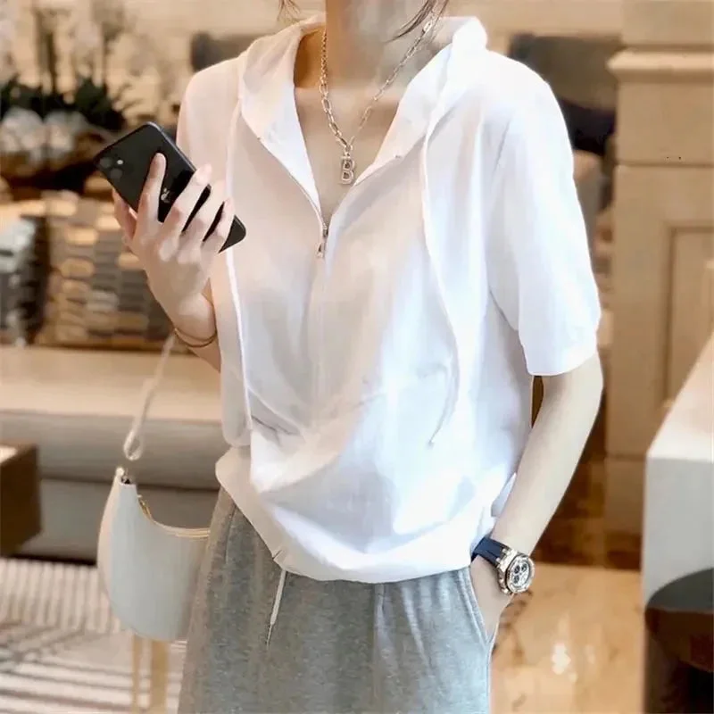 Summer Hooded T-shirt Women Korean Loose All-match White Casual Tops Stitching C