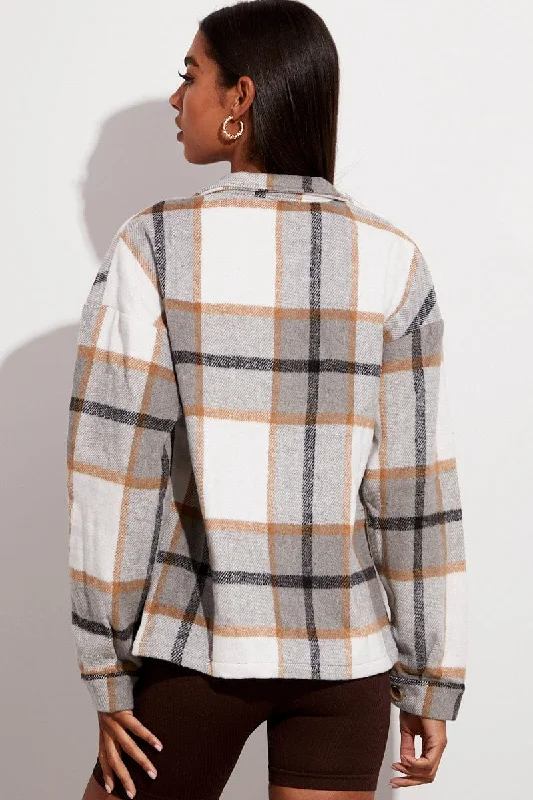 Beige Check Print Shirt Long Sleeve