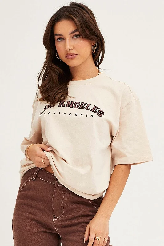 Beige Graphic T Shirt Crew Neck