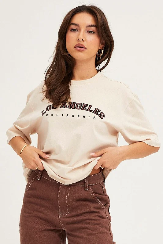 Beige Graphic T Shirt Crew Neck