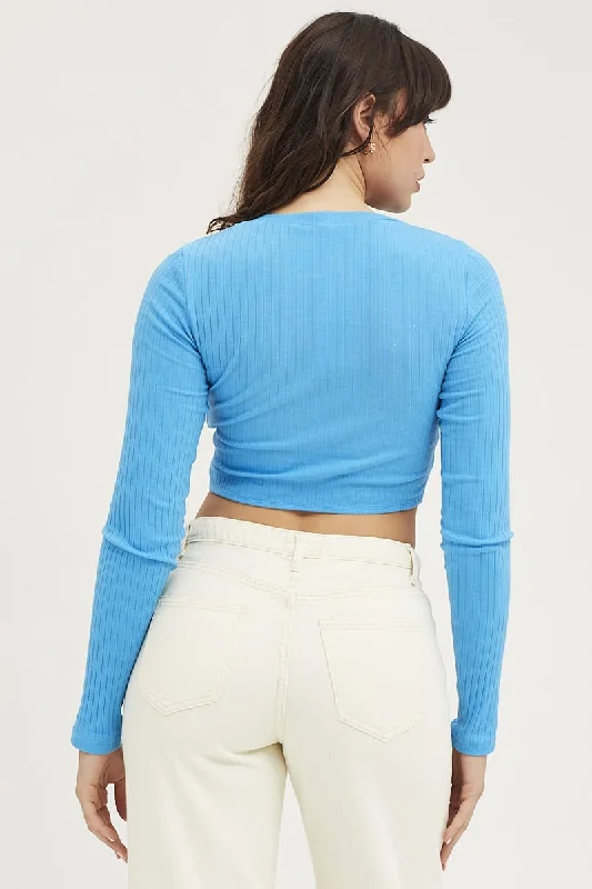 Blue Crop Top Long Sleeve Bust Detail