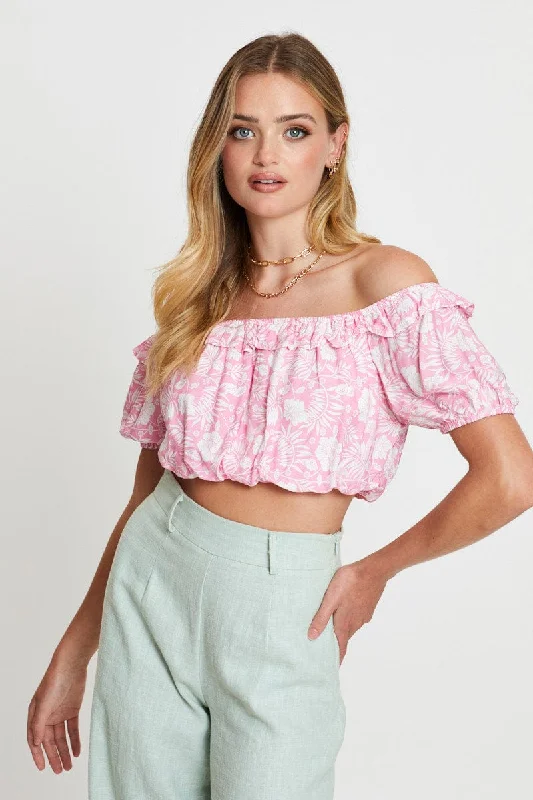 Boho Print Crop Top Short Sleeve Off Shoulder