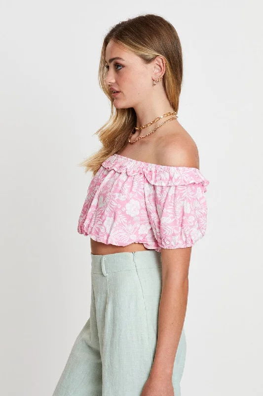 Boho Print Crop Top Short Sleeve Off Shoulder