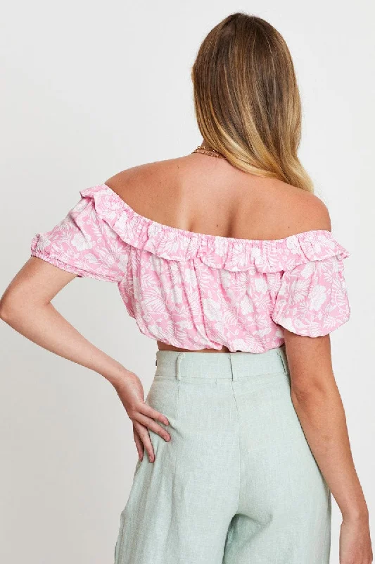 Boho Print Crop Top Short Sleeve Off Shoulder