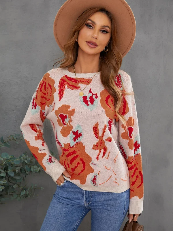 MegaBetty - Floral Pattern Drop Shoulder Crew Neck Sweater