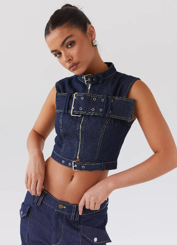 Greedy Denim Buckle Top - Indigo