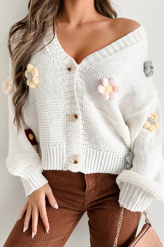 I'll Grow On You Sweater Cardigan With Crochet Flowers (Ivory)