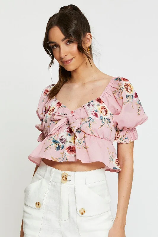 Print Crop Top Short Sleeve Tie Up