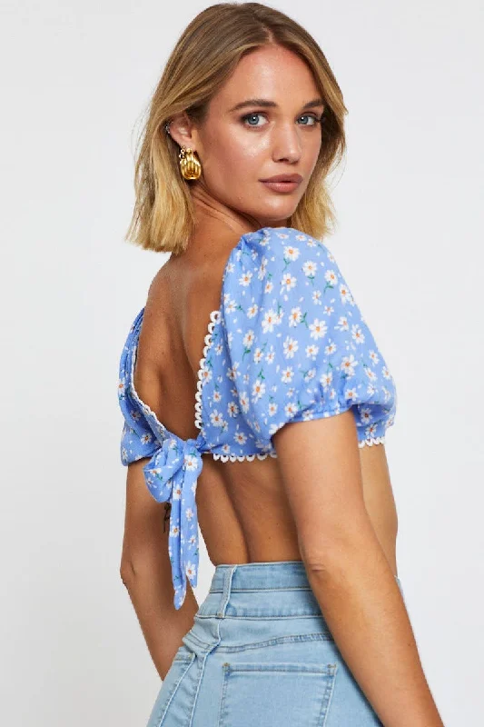 Print Crop Top Short Sleeve Tie Up