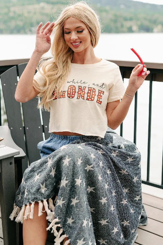 ""Red, White, and Blonde” Graphic Crop Tee (Cream) - Print On Demand