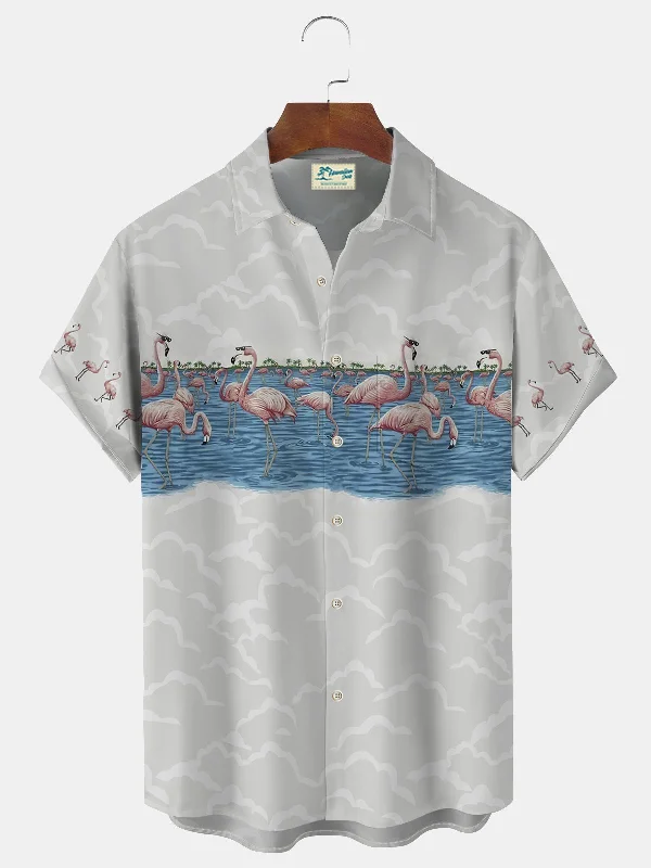 Flamingo Coconut Palm Print Beach Men's Hawaiian Oversized Shirt With Pocket