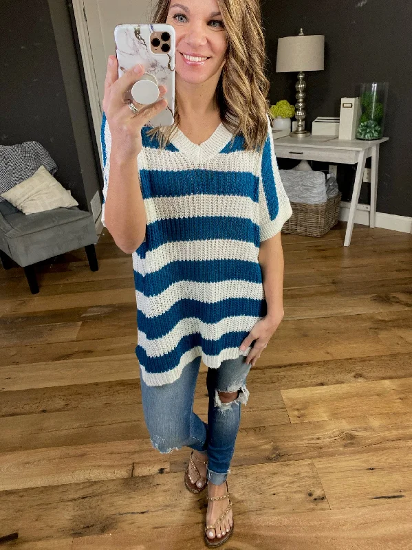 Some Girls Ribbed Short Sleeve V-Neck Stripe Sweater- Multiple Options