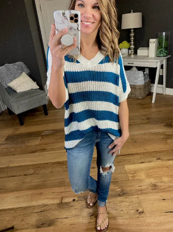 Some Girls Ribbed Short Sleeve V-Neck Stripe Sweater- Multiple Options