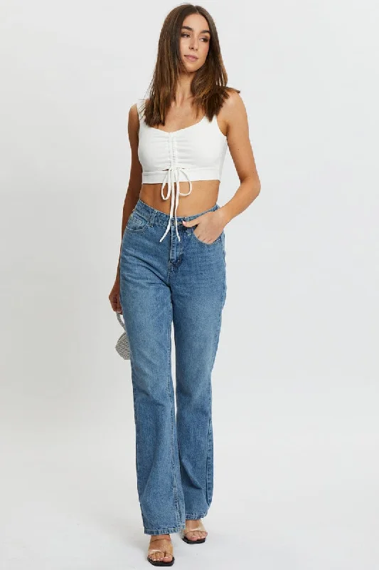 White Drawstring Cut Out Rib Crop Top