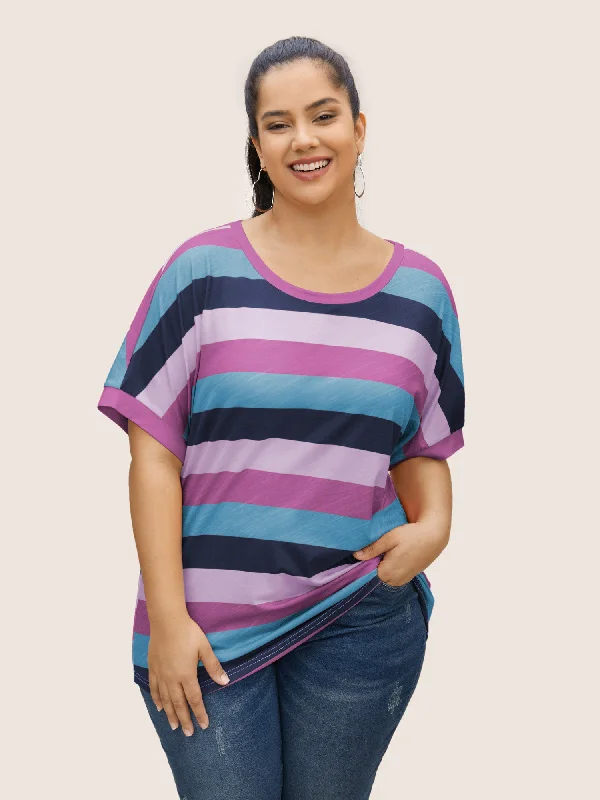 Colored Striped Crew Neck Batwing Sleeve T-shirt