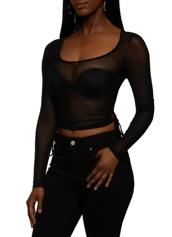 Long Sleeve Tie Side Mesh Crop Top