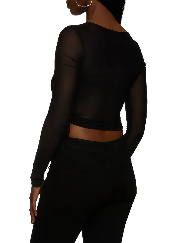 Long Sleeve Tie Side Mesh Crop Top