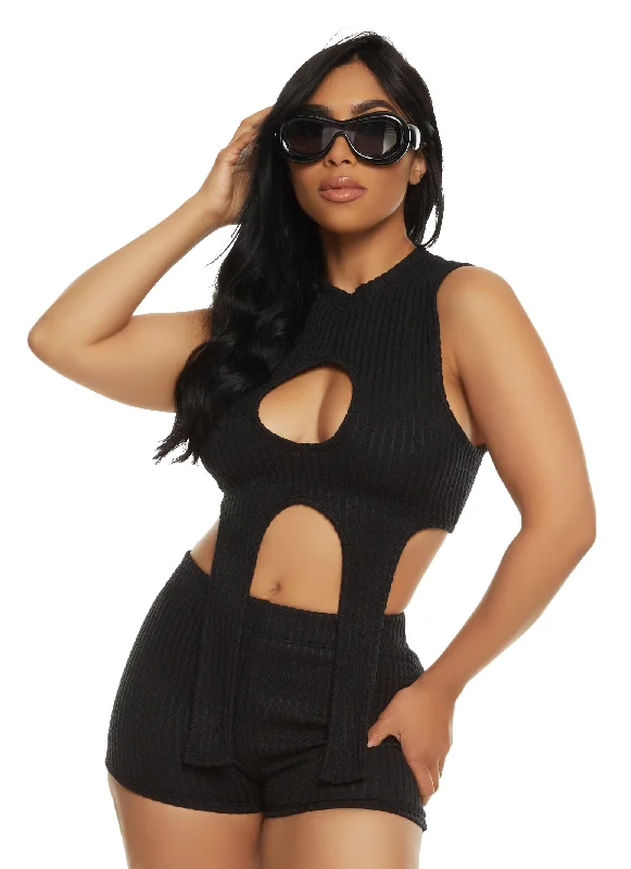 Ribbed Mock Neck Cut Out Crop Top