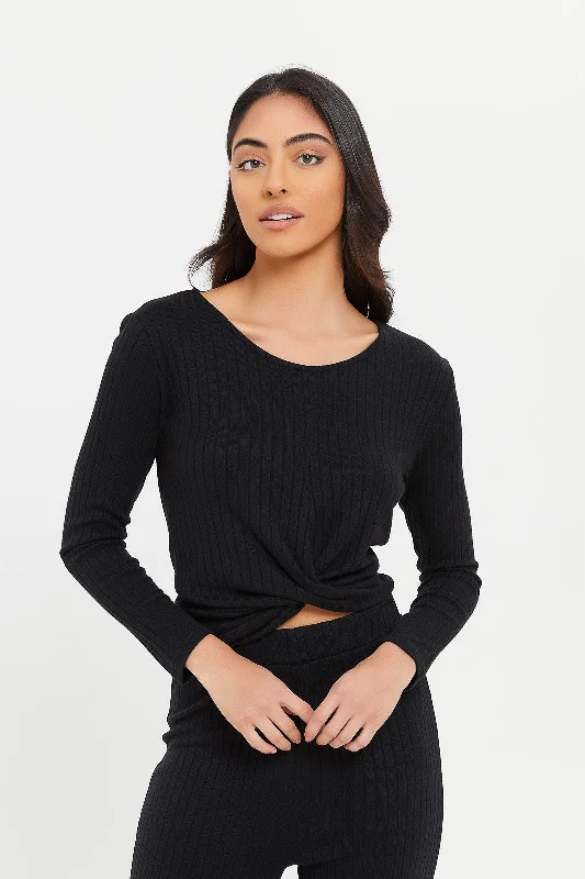 Women Black Twist Front Ribbed Sweatshirt