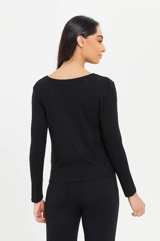 Women Black Twist Front Ribbed Sweatshirt