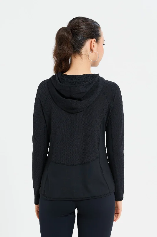 Women Black Hooded Zipper Sweatshirt