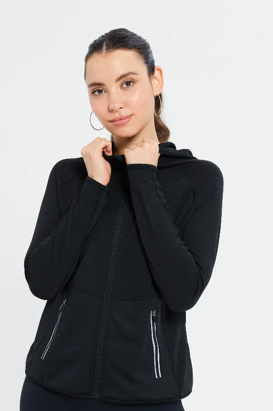 Women Black Hooded Zipper Sweatshirt