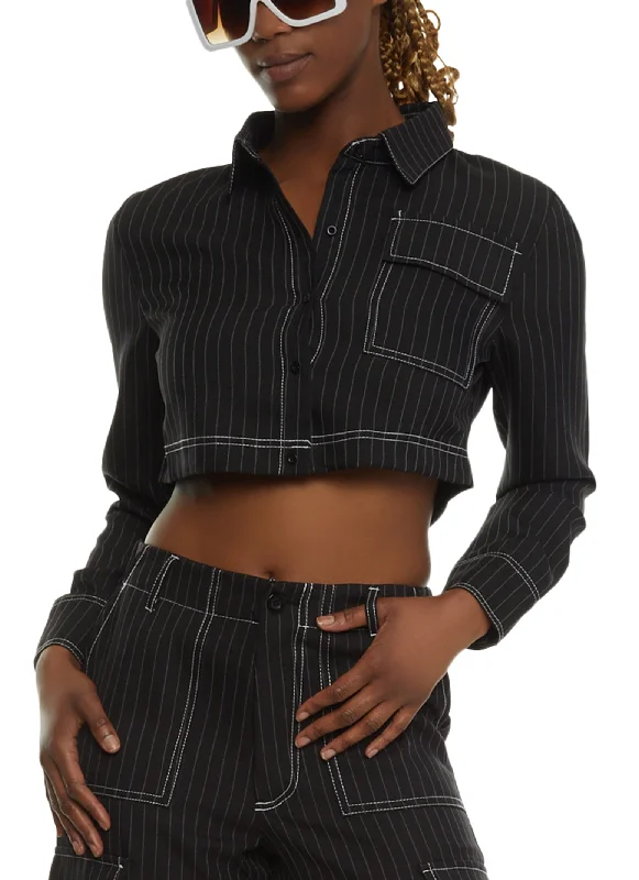 Pinstripe Cropped Button Front Shirt