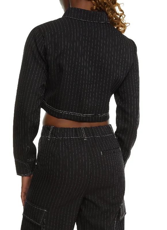 Pinstripe Cropped Button Front Shirt