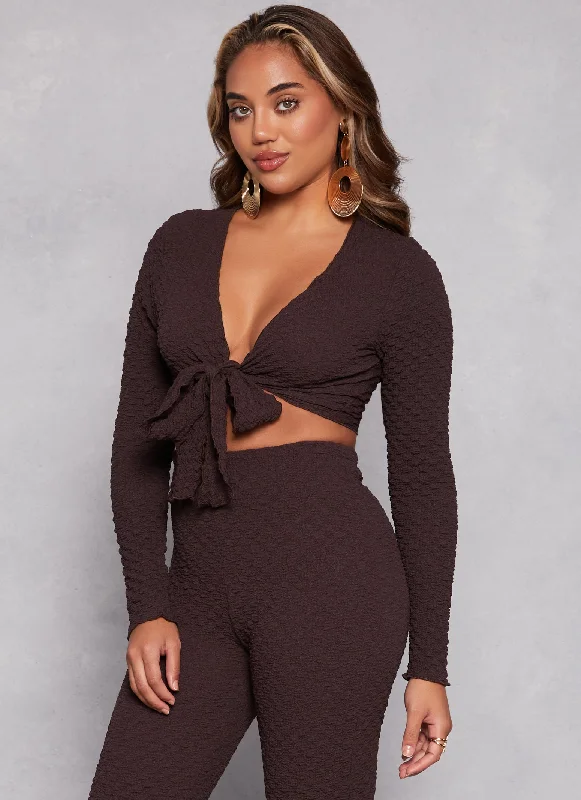 Textured Knit Long Sleeve Tie Front Crop Top