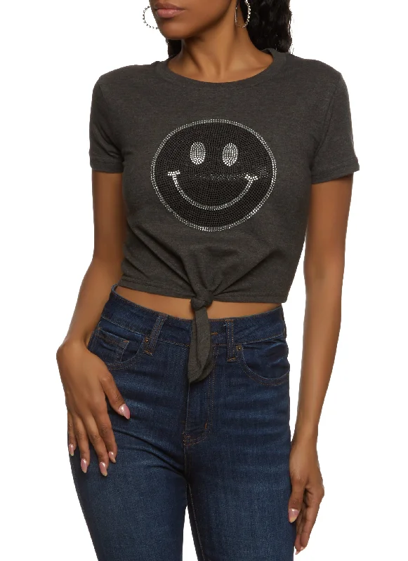 Knot Front Rhinestone Smiley Cropped Tee