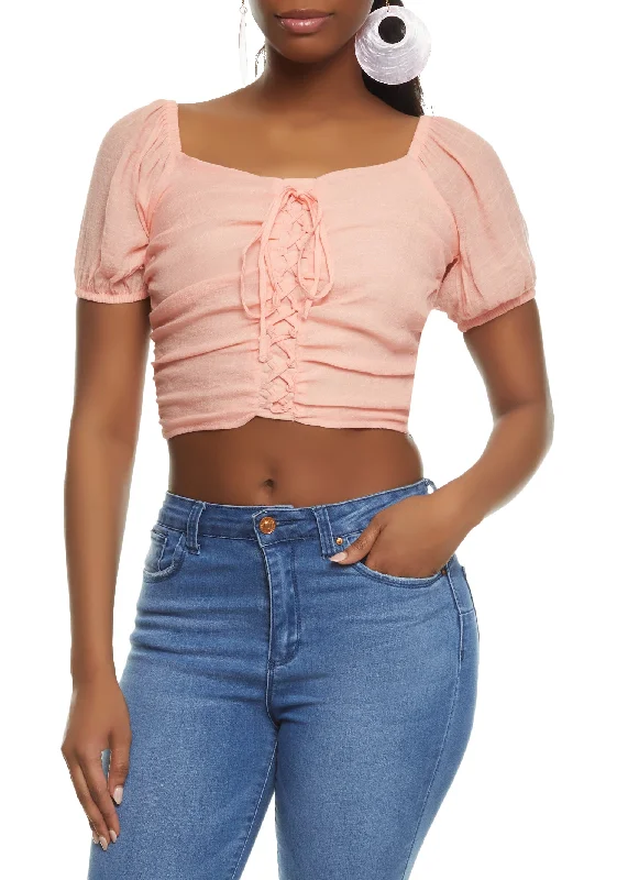 Puff Sleeve Lace Up Crop Top